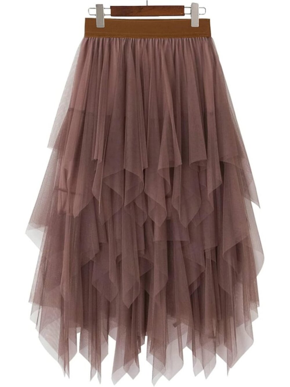 Women's Khaki High Waist Layered Tulle Mesh Ruffle Asymmetric Hem Midi Skirt